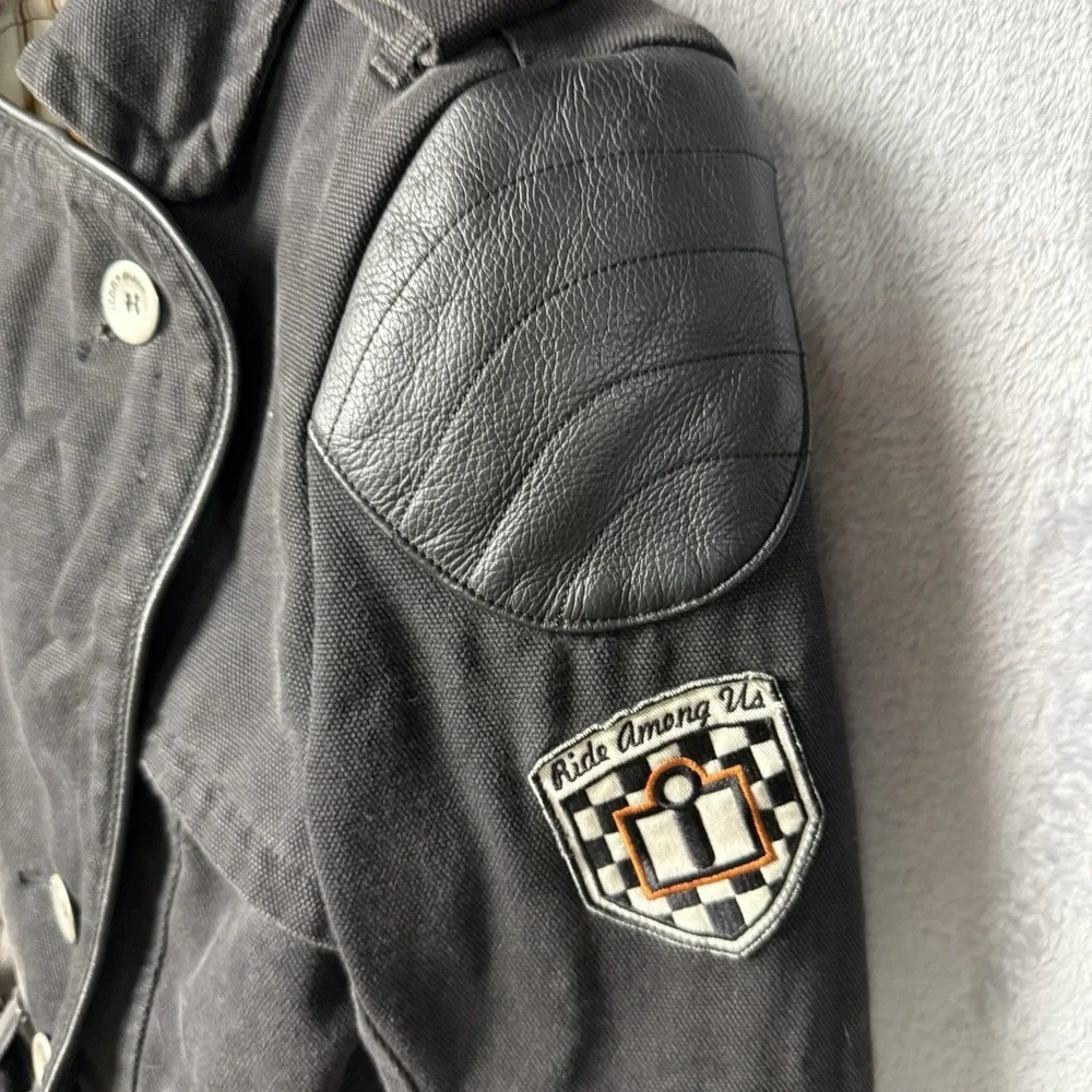 Icon Motorsports Textile Armoured Canvas Black Motorcycle Jacket Coat LG Patches
